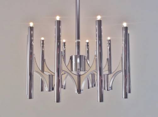 Sciolari vintage chandelier chrome & white lacquer sculptural for Lightolier, 1970`s ca, Italian